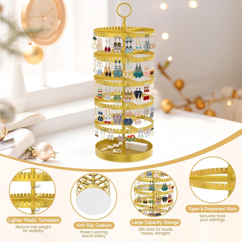 MODOWEY 5 Tier Rotating Earring Holder Organizer Display Tree with Metal Tray, Adjustable Plastic Stand with 285 Slots for Stud Hoop Hanger, Large Capacity Storage Rack for Women Space Saving, Gold - Image 4